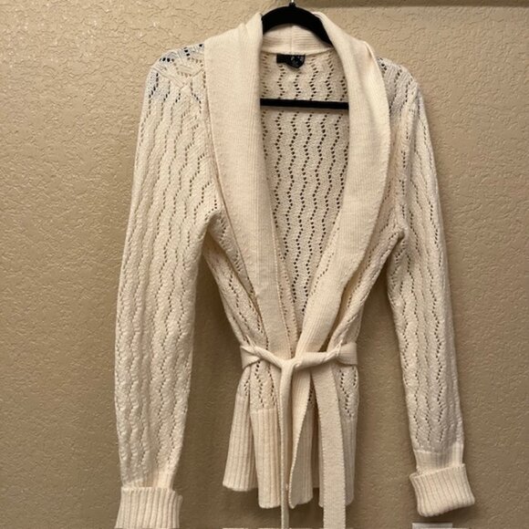 A.N.A cream cardigan tie front belt wide collar - Picture 1 of 8